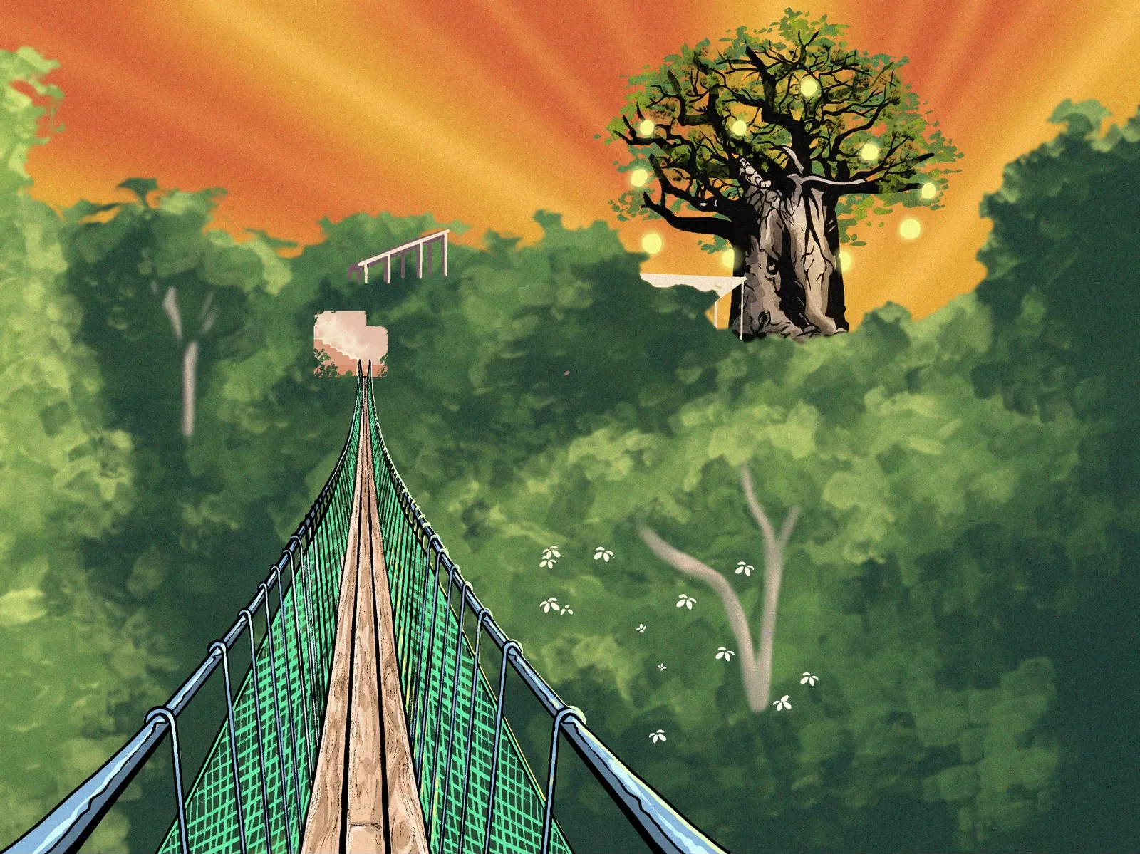 A rope suspension bridge running above the forest canopy toward a glowing baobab at sunset along the Green Corridor