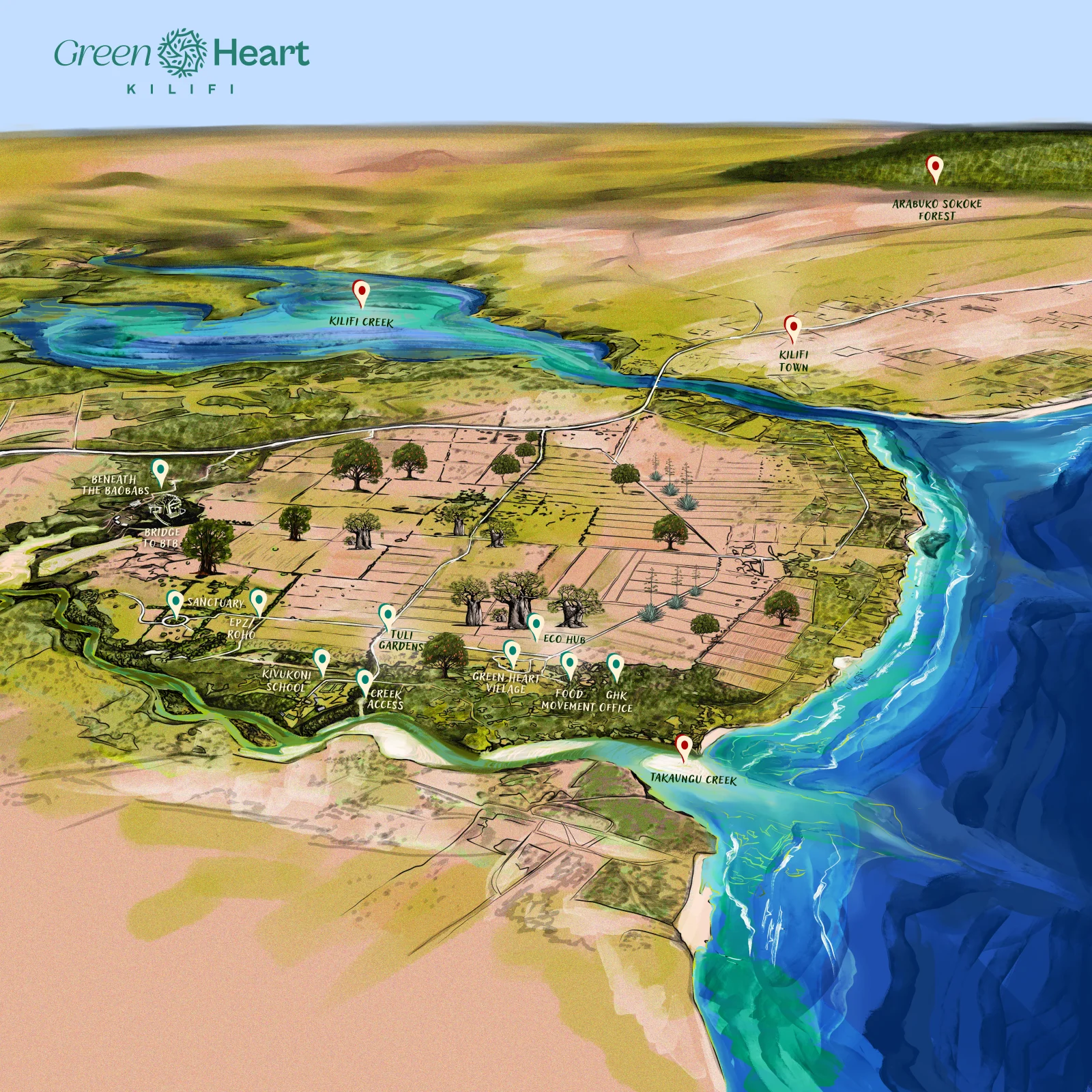 Hand-illustrated map of Green Heart Kilifi — the green headland between the creek and the reef, with the village, EcoHub, FoMo and the baobab fields