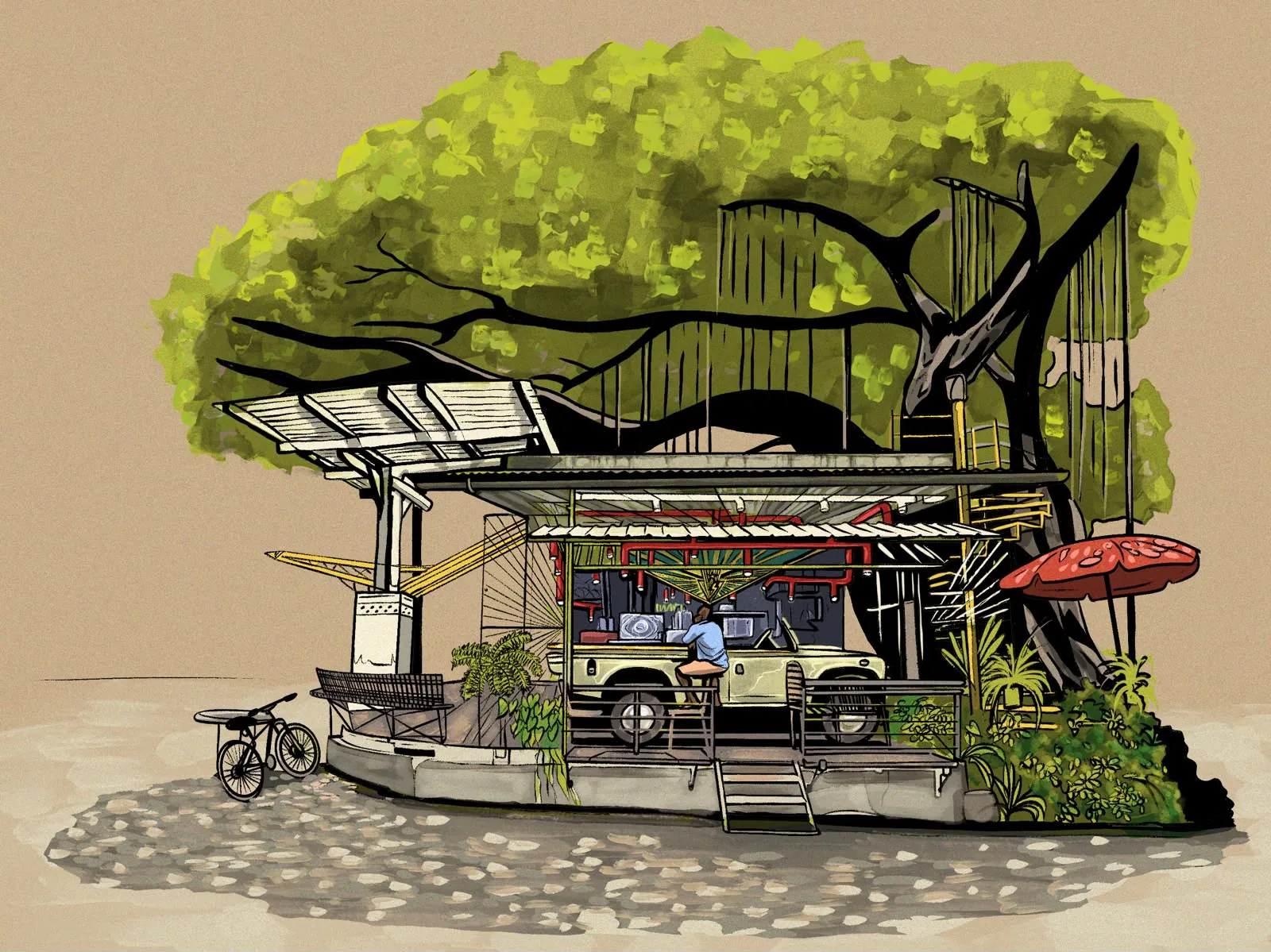 A bar built around an old Land Rover beneath a huge fig tree, with a carved marlin in the branches