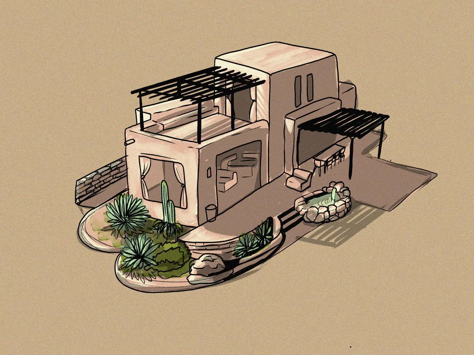 Sketch of a cob villa with roof terrace, plunge pool and succulent garden
