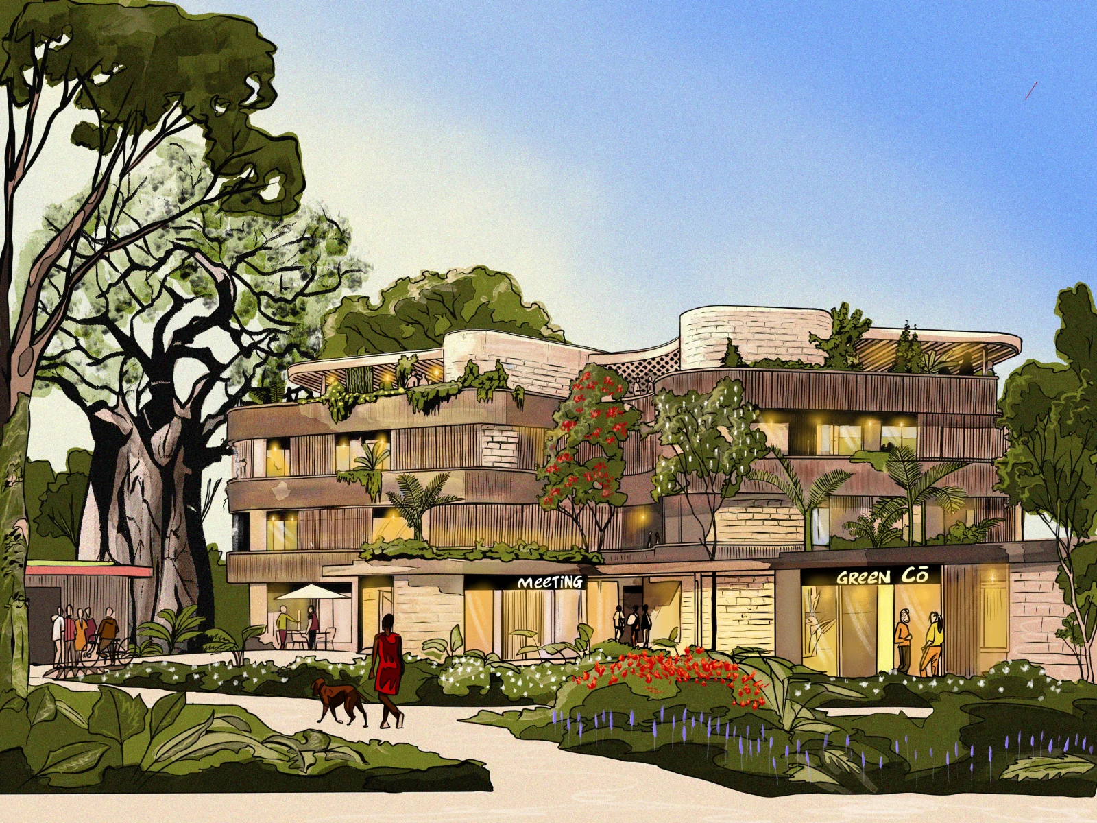 The EcoHub village square: a timber-and-coral building wrapped in greenery beside a baobab
