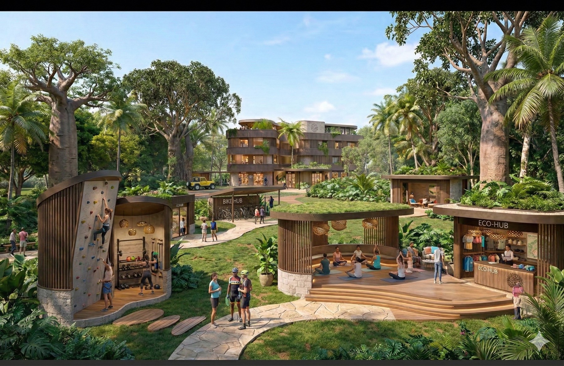 A climbing wall, an open-air yoga deck and a bike hub among the trees
