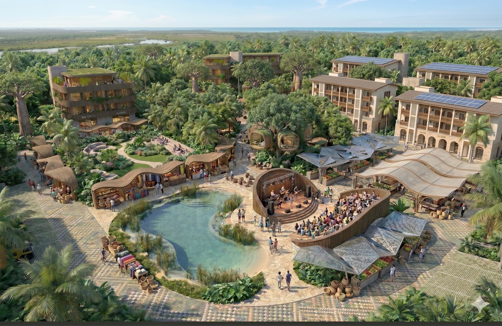 Aerial impression of an amphitheatre, a market bazaar and a natural pool