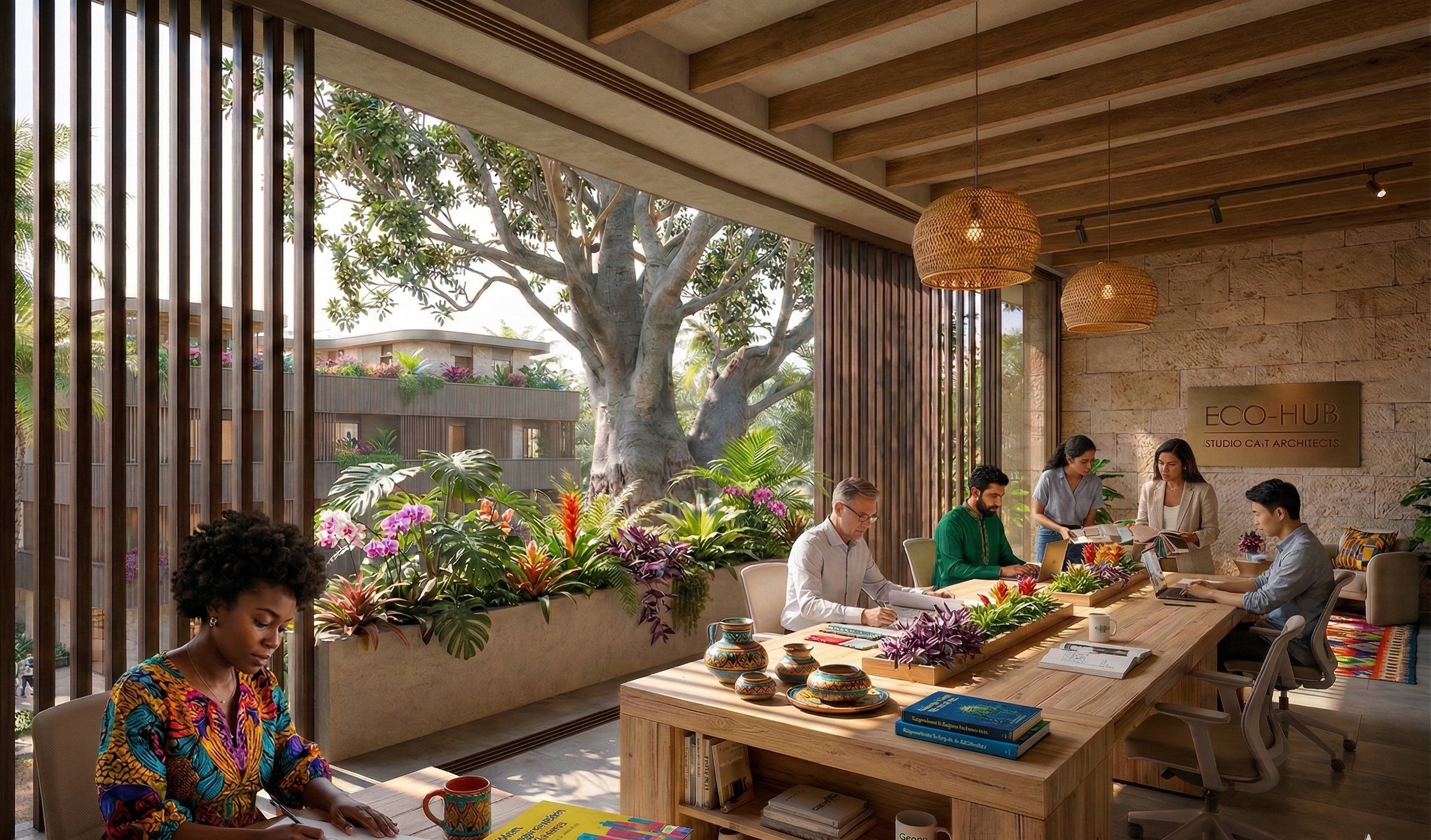 Co-working desks in a planted lounge