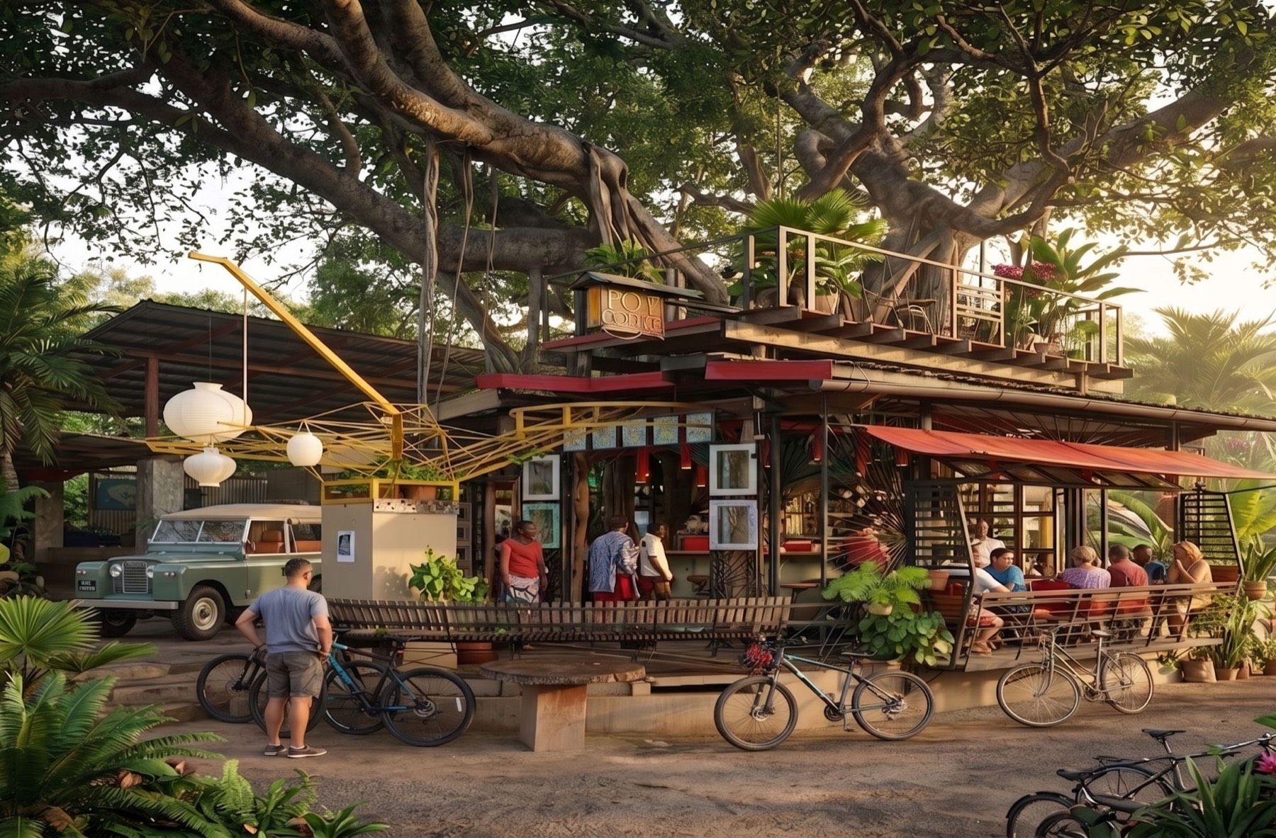 The Va va Voom coffee-shop beneath a mogumo fig that grew over an old baobab, a vintage Land Rover parked in its shade