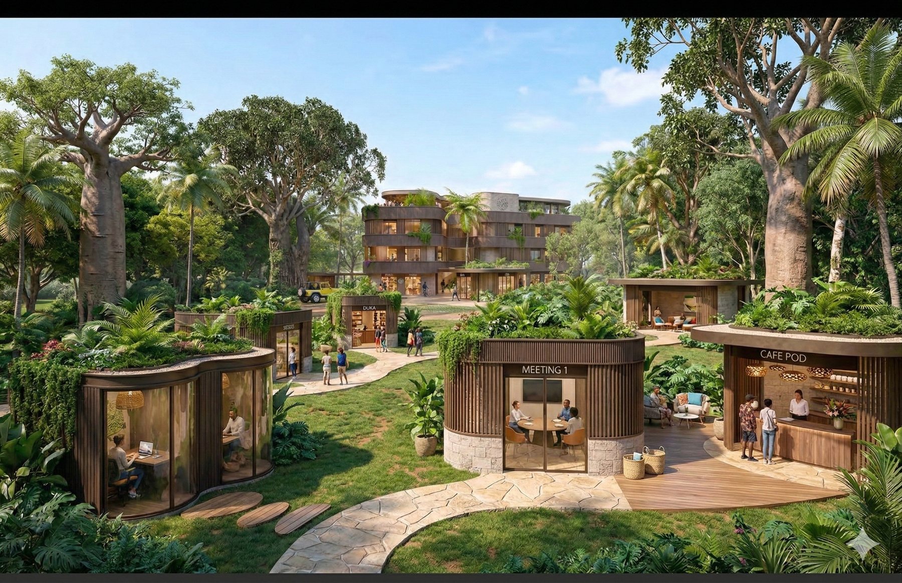 Pods and meeting rooms in the garden