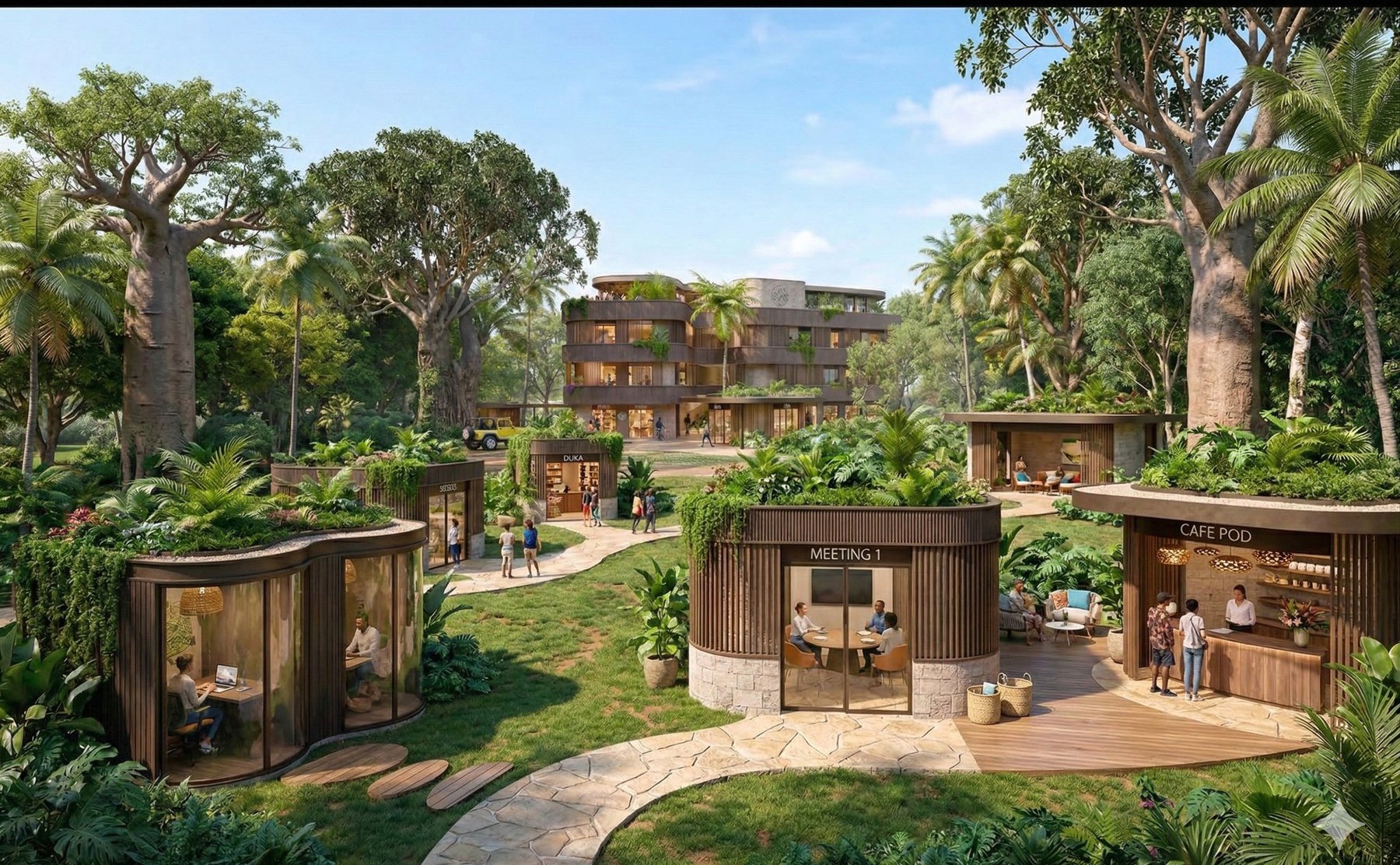 Pods and meeting rooms in the garden